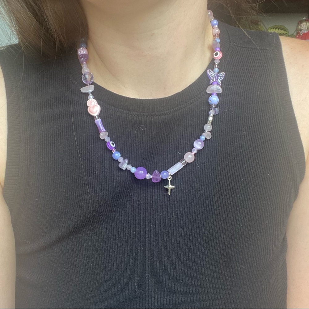 Northern Star Pink & Purple Beaded Necklace Mixed Beads Silver Heart Rose Quartz - Picture 8 of 10